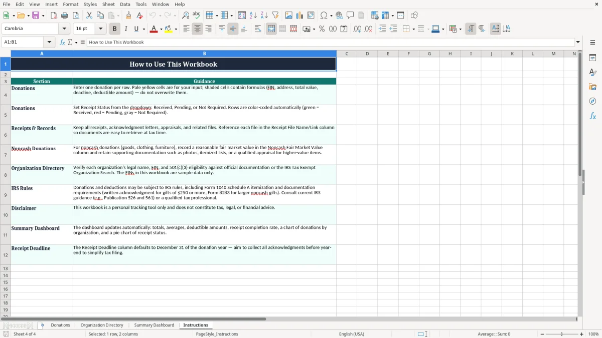 Screenshot 4: Instructions tab - Excel template charitable donation receipt tracker excel spreadsheet