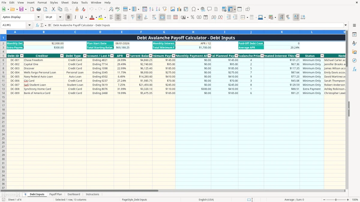 Screenshot 1: Debt Inputs tab - Excel template debt avalanche payoff calculator excel spreadsheet