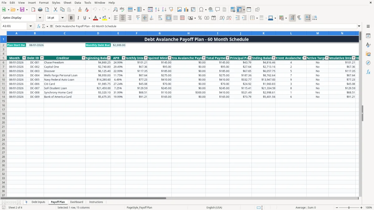 Screenshot 2: Payoff Plan tab - Excel template debt avalanche payoff calculator excel spreadsheet