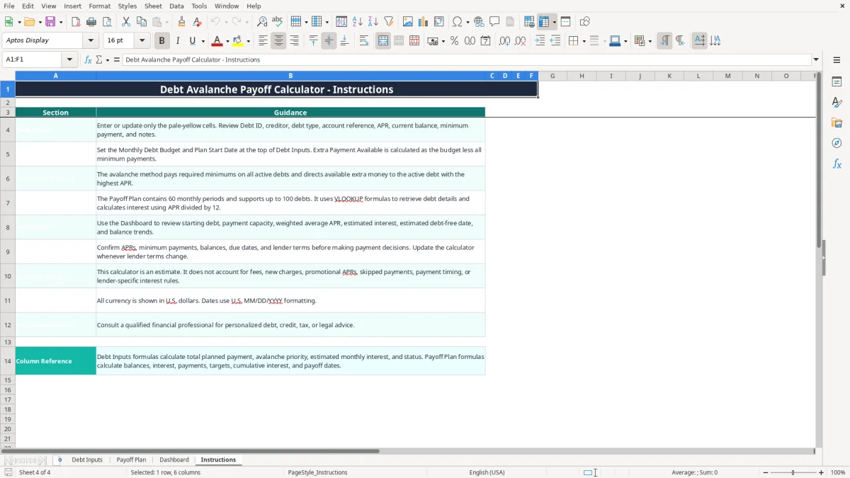 Screenshot 4: Instructions tab - Excel template debt avalanche payoff calculator excel spreadsheet