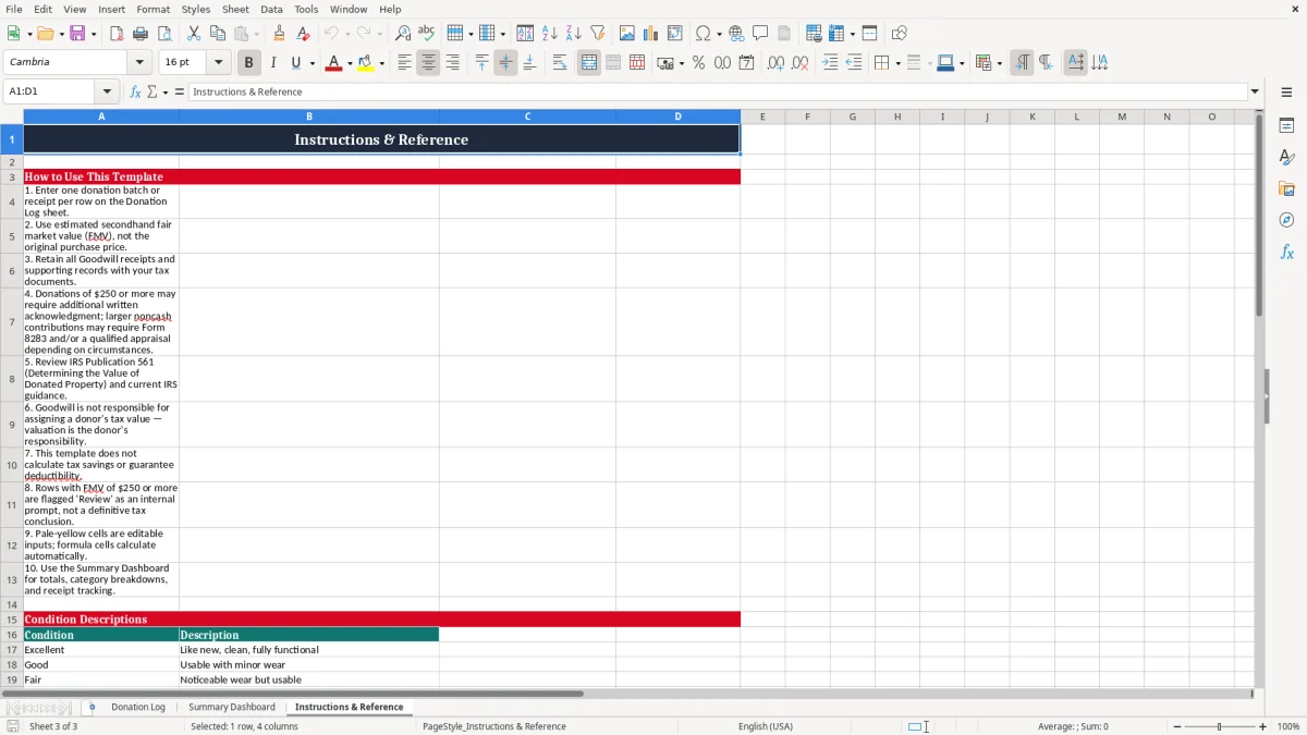 Screenshot 3: Instructions & Reference tab - Excel template goodwill noncash donation value log excel template