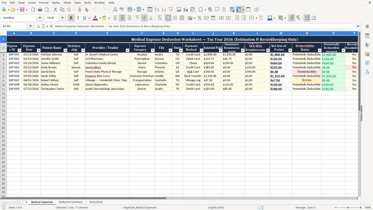 Screenshot 1: Medical Expenses tab - Excel template medical expense deduction worksheet excel spreadsheet