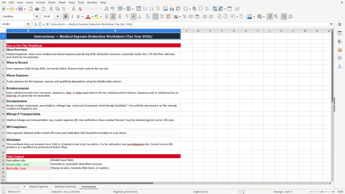 Screenshot 3: Instructions tab - Excel template medical expense deduction worksheet excel spreadsheet