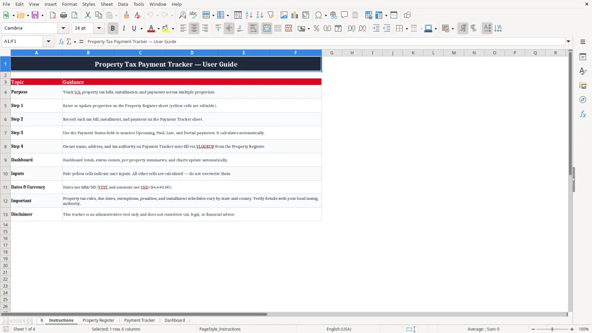 Screenshot 1: Instructions tab - Excel template property tax payment tracker excel template