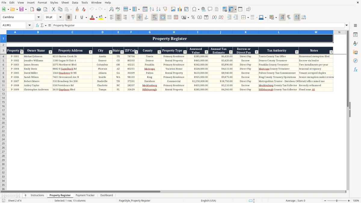 Screenshot 2: Property Register tab - Excel template property tax payment tracker excel template