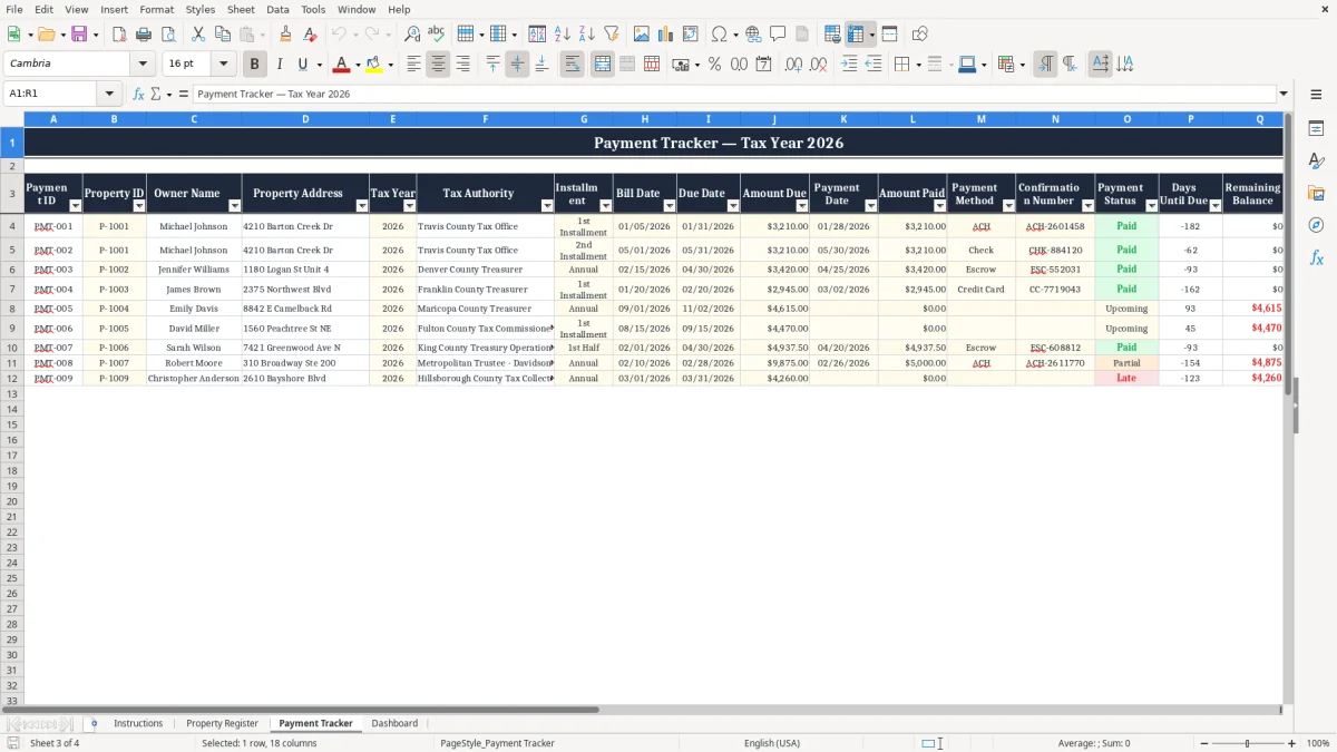 Screenshot 3: Payment Tracker tab - Excel template property tax payment tracker excel template