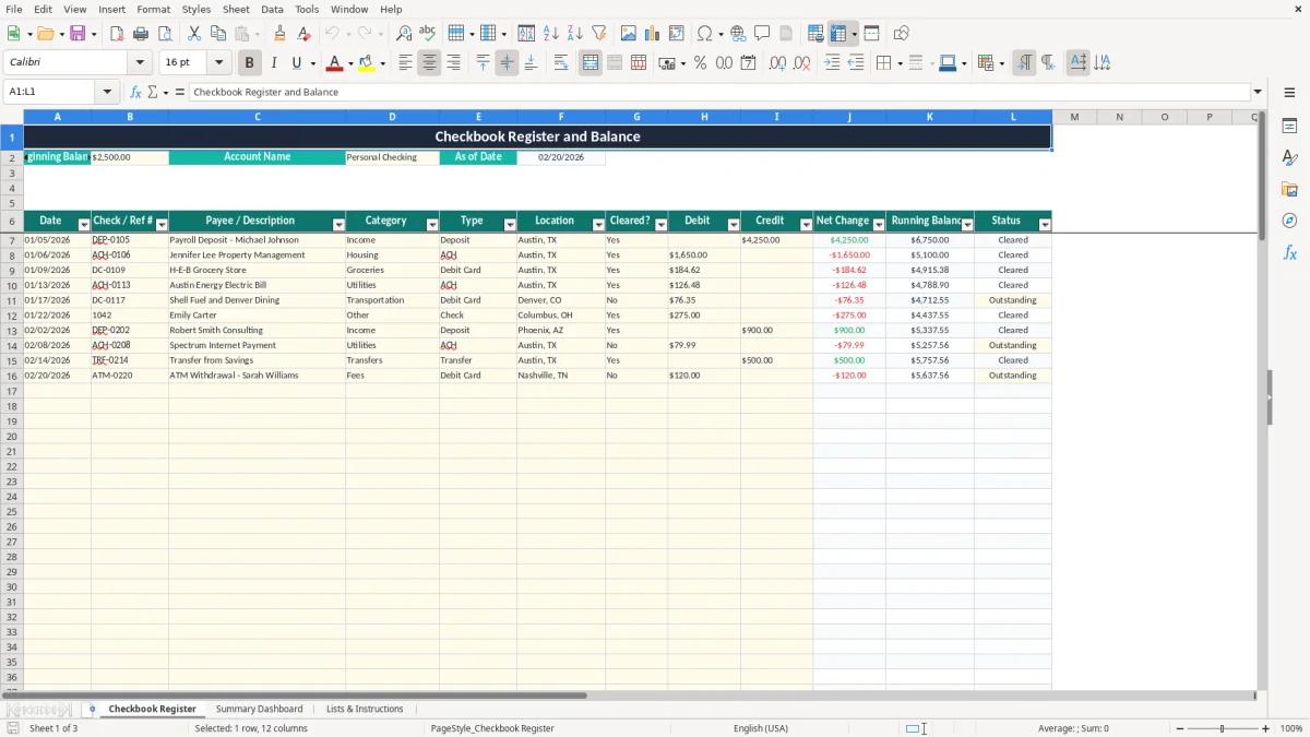 Screenshot 1: Checkbook Register tab - Excel template checkbook register and balance excel spreadsheet