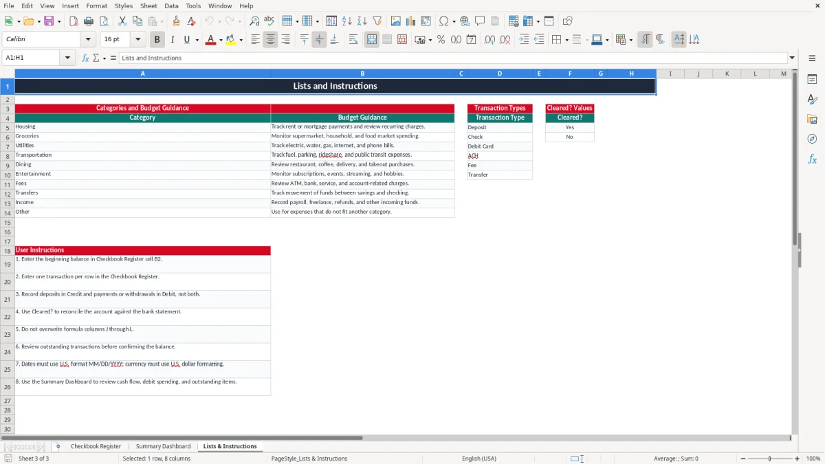 Screenshot 3: Lists & Instructions tab - Excel template checkbook register and balance excel spreadsheet