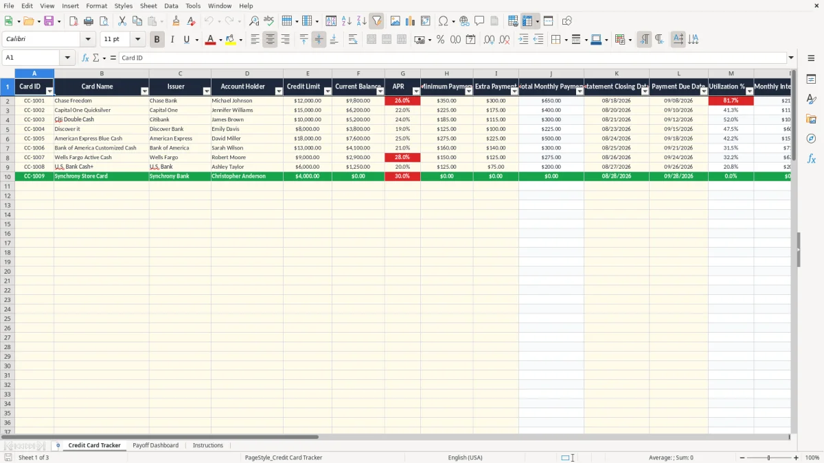 Screenshot 1: Credit Card Tracker tab - Excel template credit card payoff plan tracker excel template