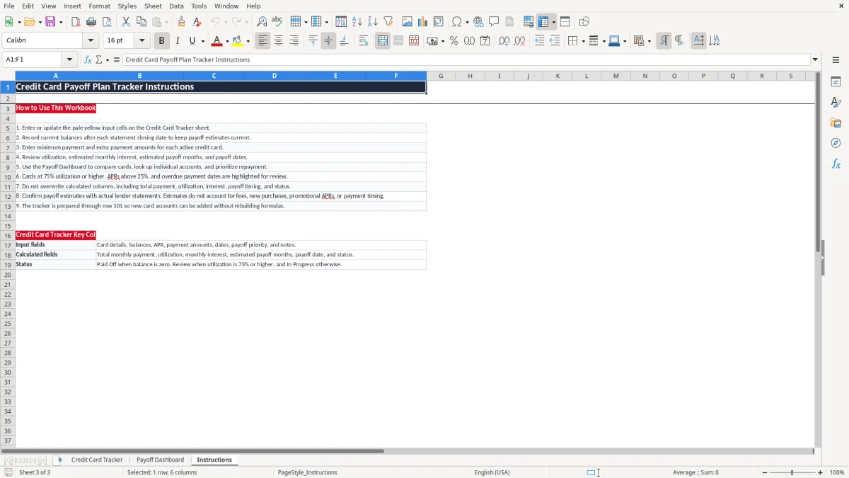 Screenshot 3: Instructions tab - Excel template credit card payoff plan tracker excel template
