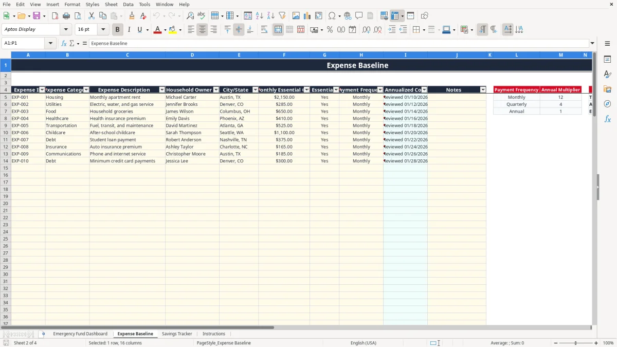 Screenshot 2: Expense Baseline tab - Excel template emergency fund six month savings excel template