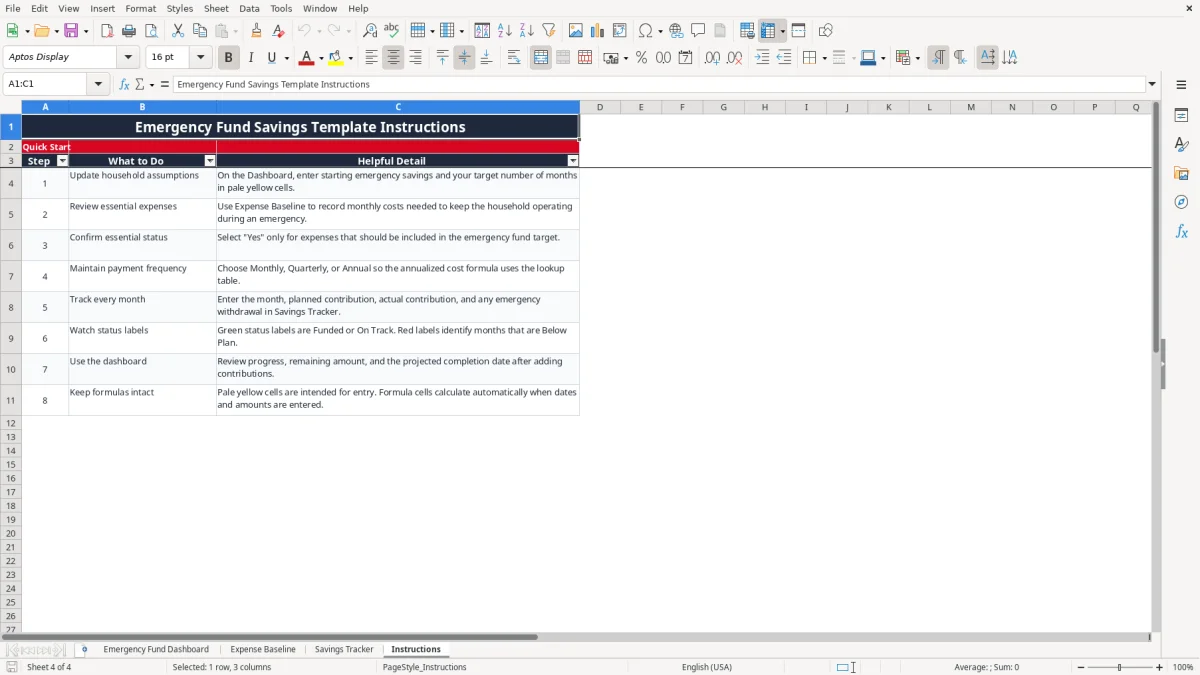 Screenshot 4: Instructions tab - Excel template emergency fund six month savings excel template
