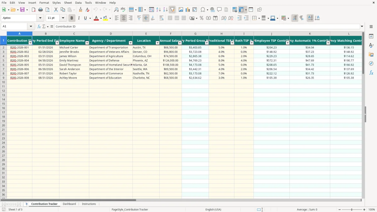 Screenshot 1: Contribution Tracker tab - Excel template fers retirement savings tracker excel template
