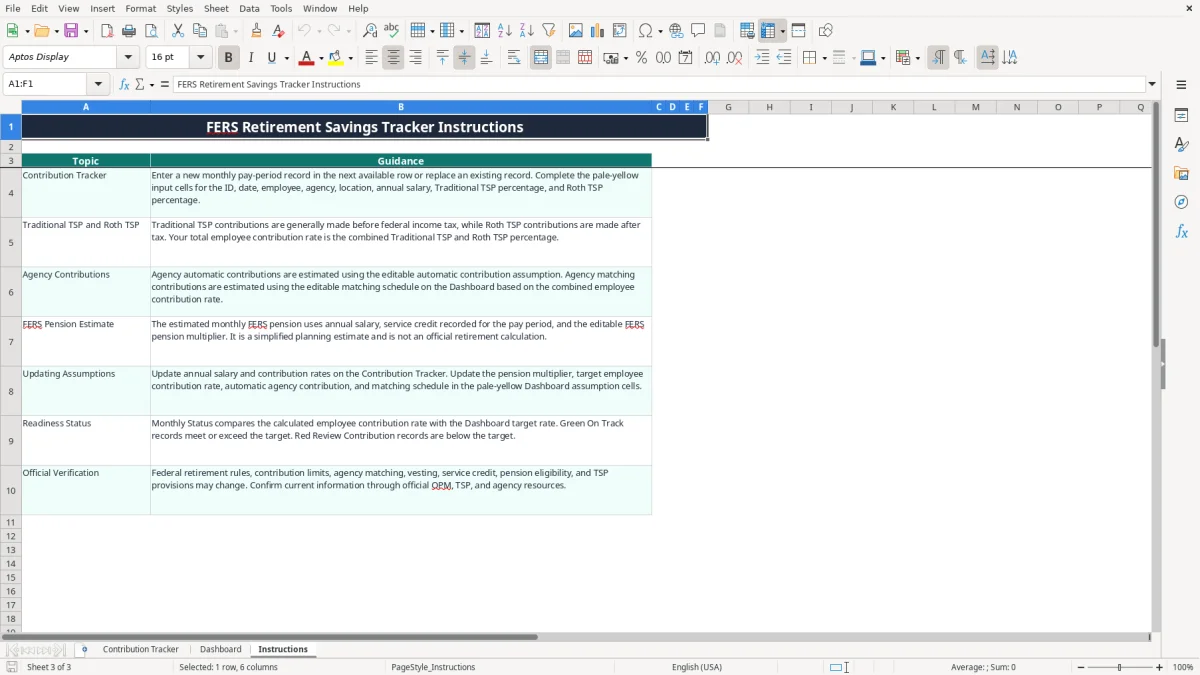 Screenshot 3: Instructions tab - Excel template fers retirement savings tracker excel template