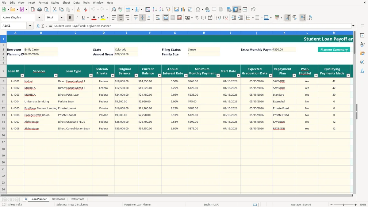 Screenshot 1: Loan Planner tab - Excel template student loan payoff and forgiveness excel spreadsheet