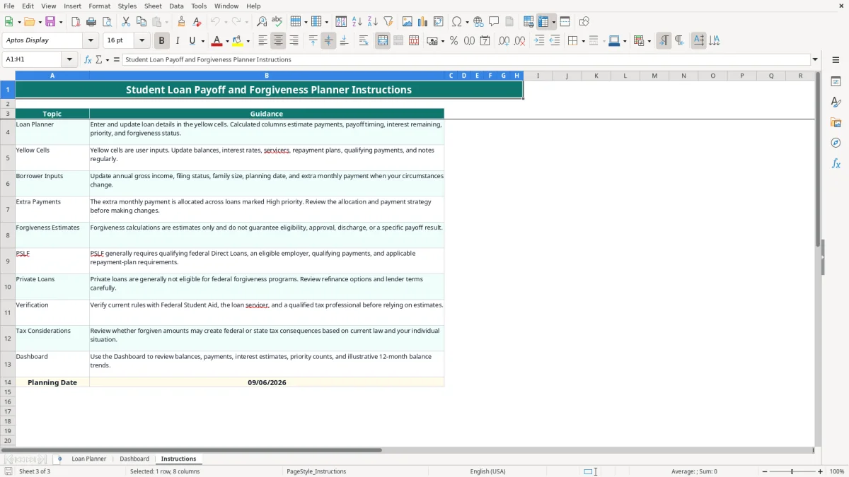 Screenshot 3: Instructions tab - Excel template student loan payoff and forgiveness excel spreadsheet