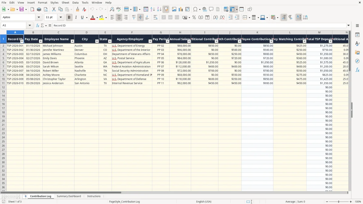 Screenshot 1: Contribution Log tab - Excel template tsp contribution allocation log excel spreadsheet