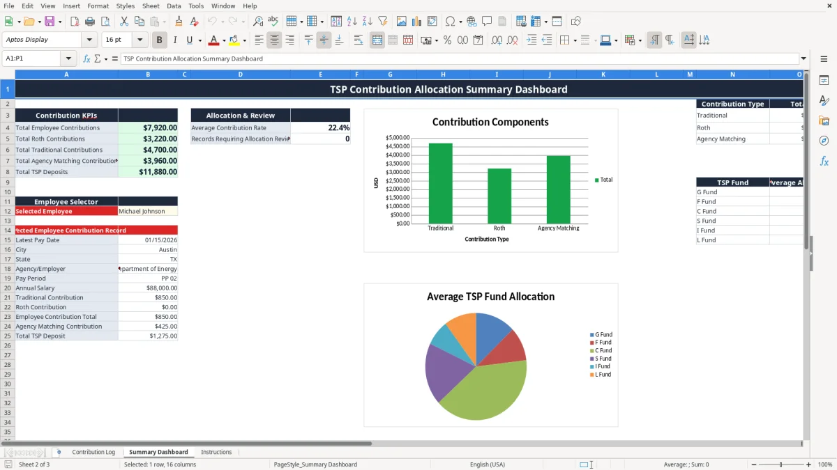 Screenshot 2: Summary Dashboard tab - Excel template tsp contribution allocation log excel spreadsheet
