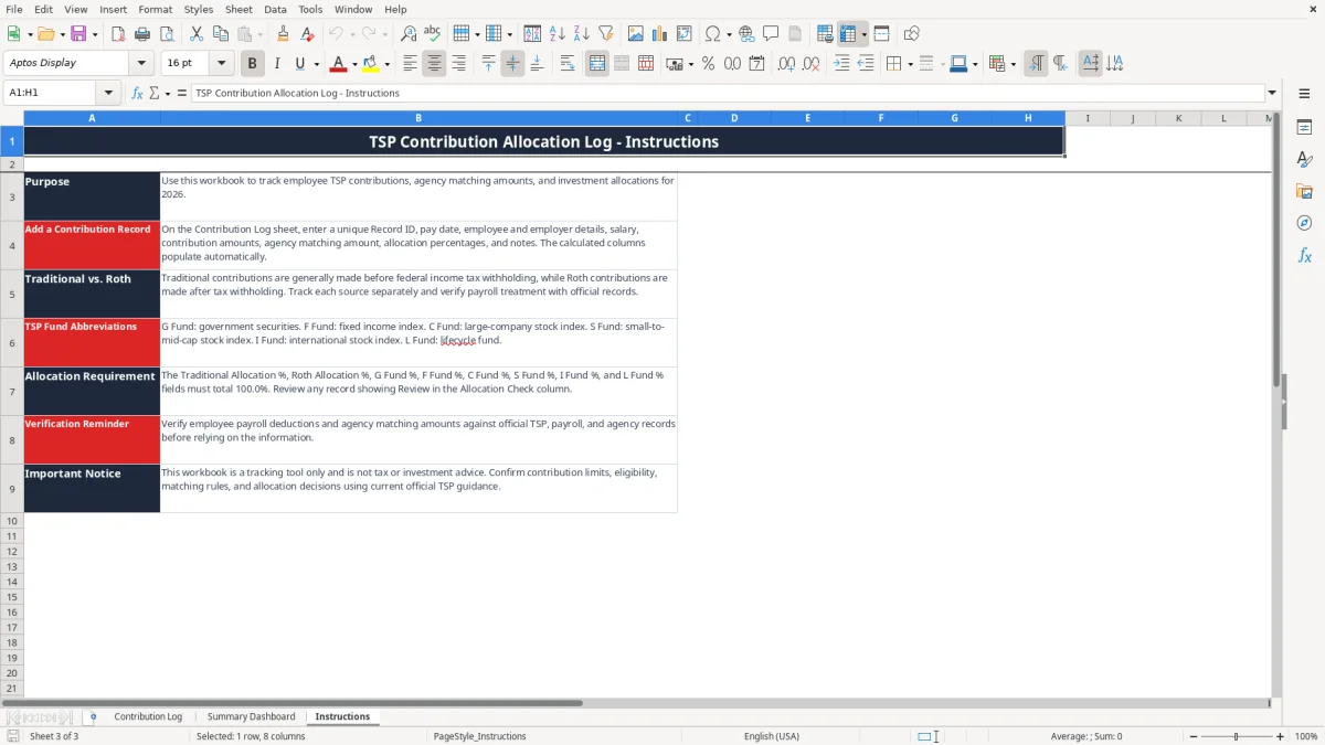 Screenshot 3: Instructions tab - Excel template tsp contribution allocation log excel spreadsheet